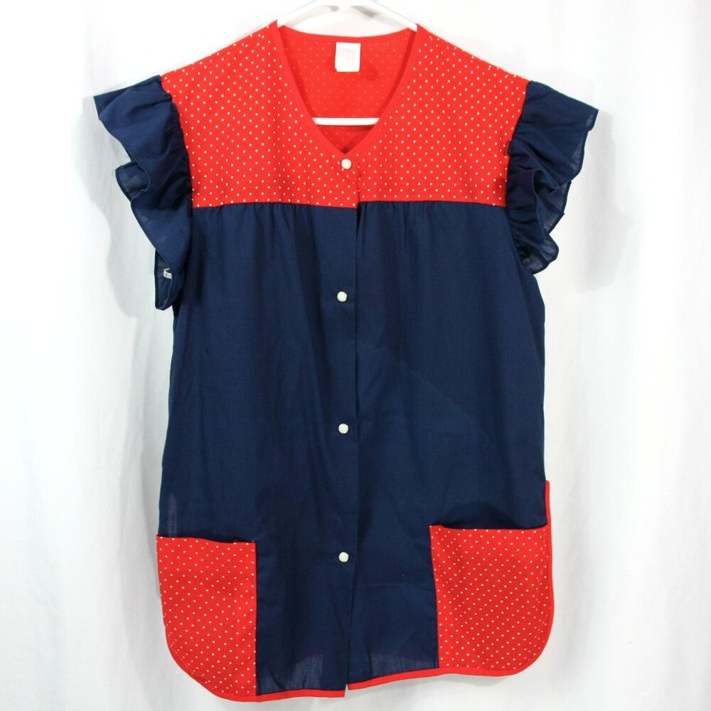 Vintage Pearl Snap Polka Dot Ruffle Trim Full Apron Art Craft Smock w Pockets